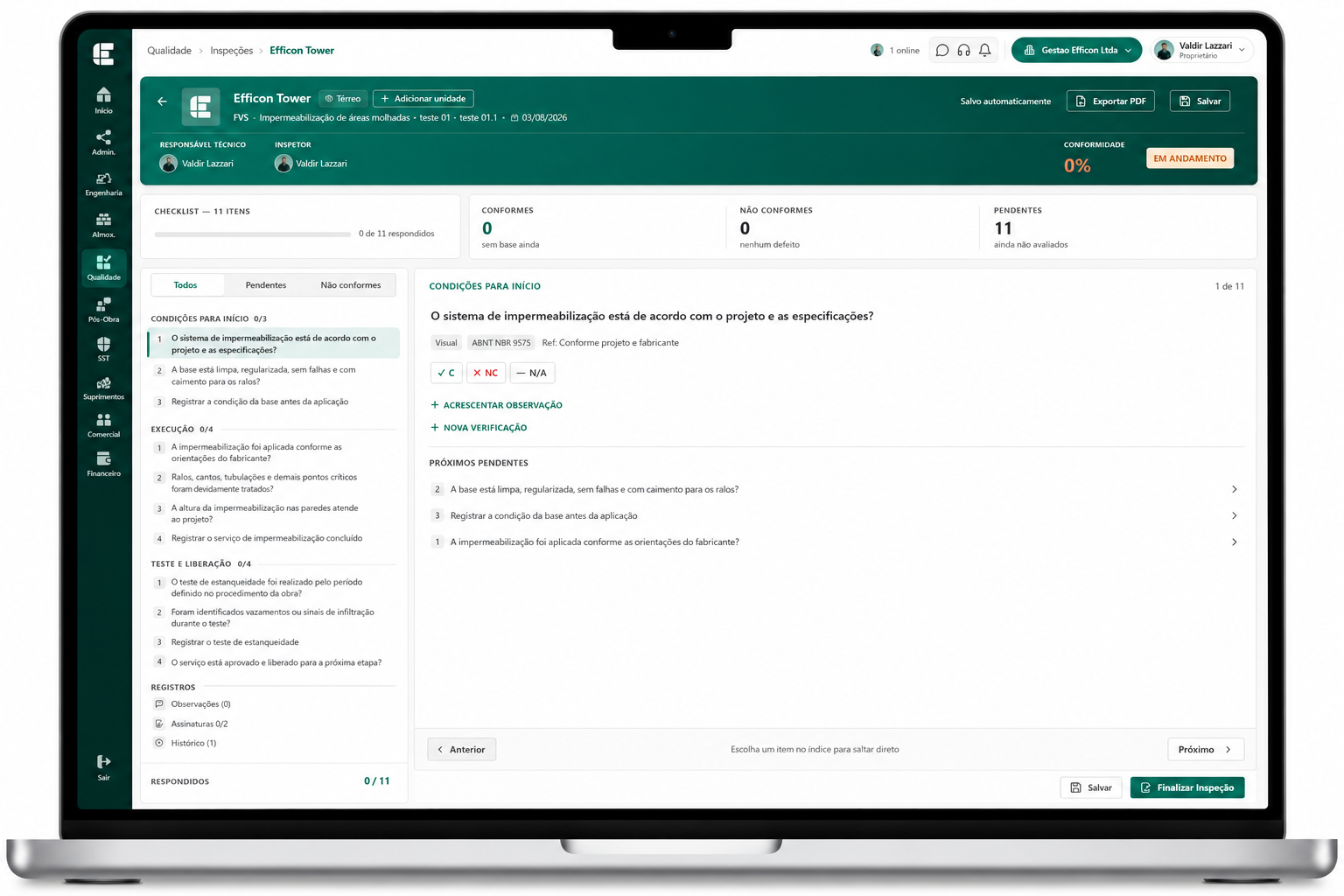 Tela do submódulo Inspeções da Efficon